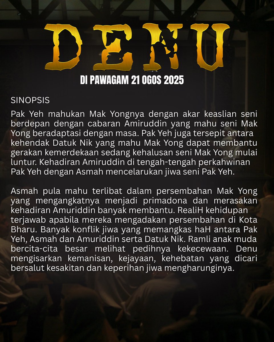 Filem terbaru di pawagam:

#Denu arahan Ahmad Tamimi Siregar.

Antara seni, janji dan cinta.