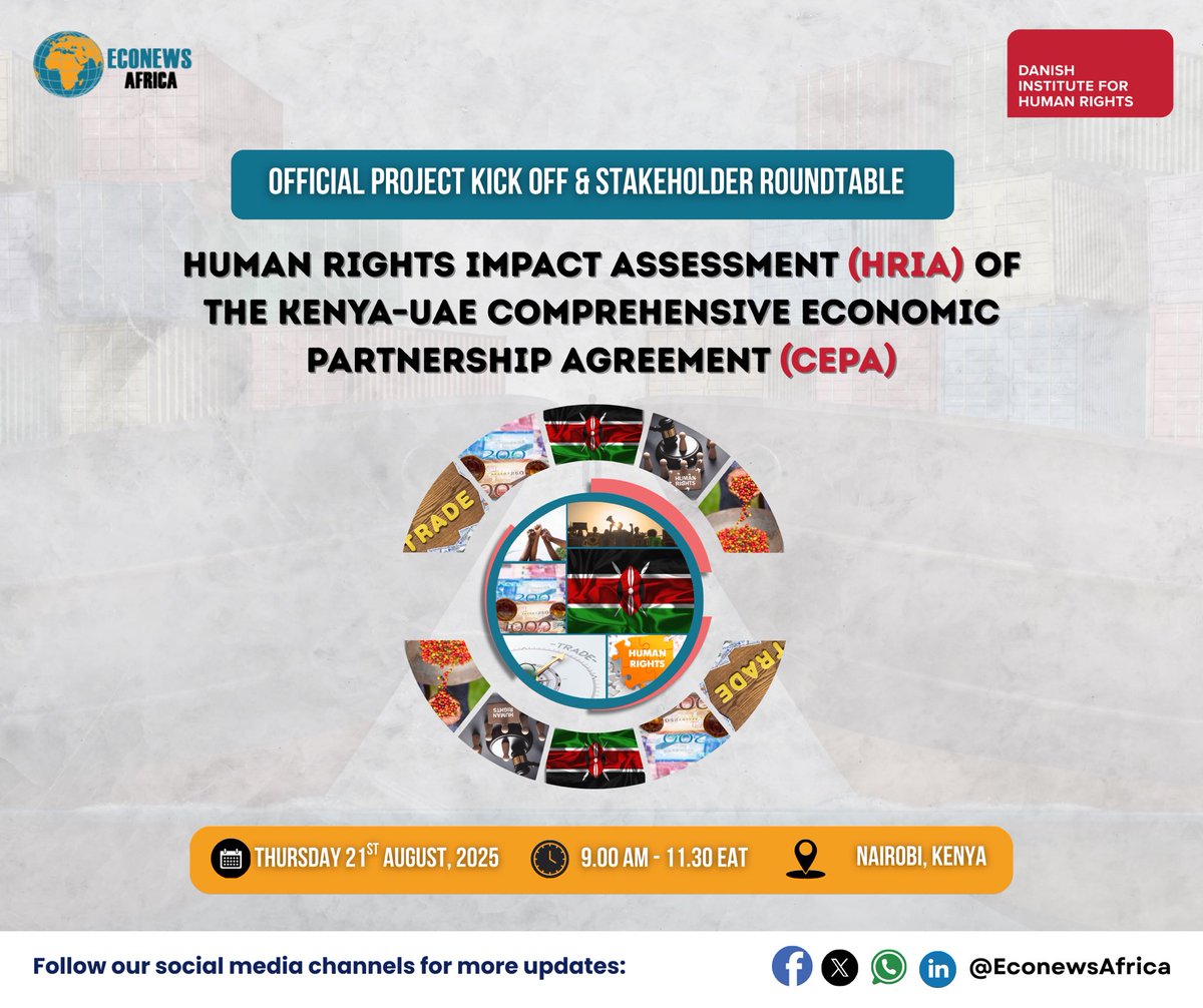 Project Kick-Off &amp; Stakeholder Roundtable Alert❗️

<a href="/EconewsAfrica/">Econews Africa</a> &amp; the Danish Institute for Human Rights (DIHR) &amp; with funding from <a href="/Sida/">Sida</a>, are working together to strengthen the integration of human rights in trade &amp; investment processes in Kenya🇰🇪.

Stay tuned for more updates.