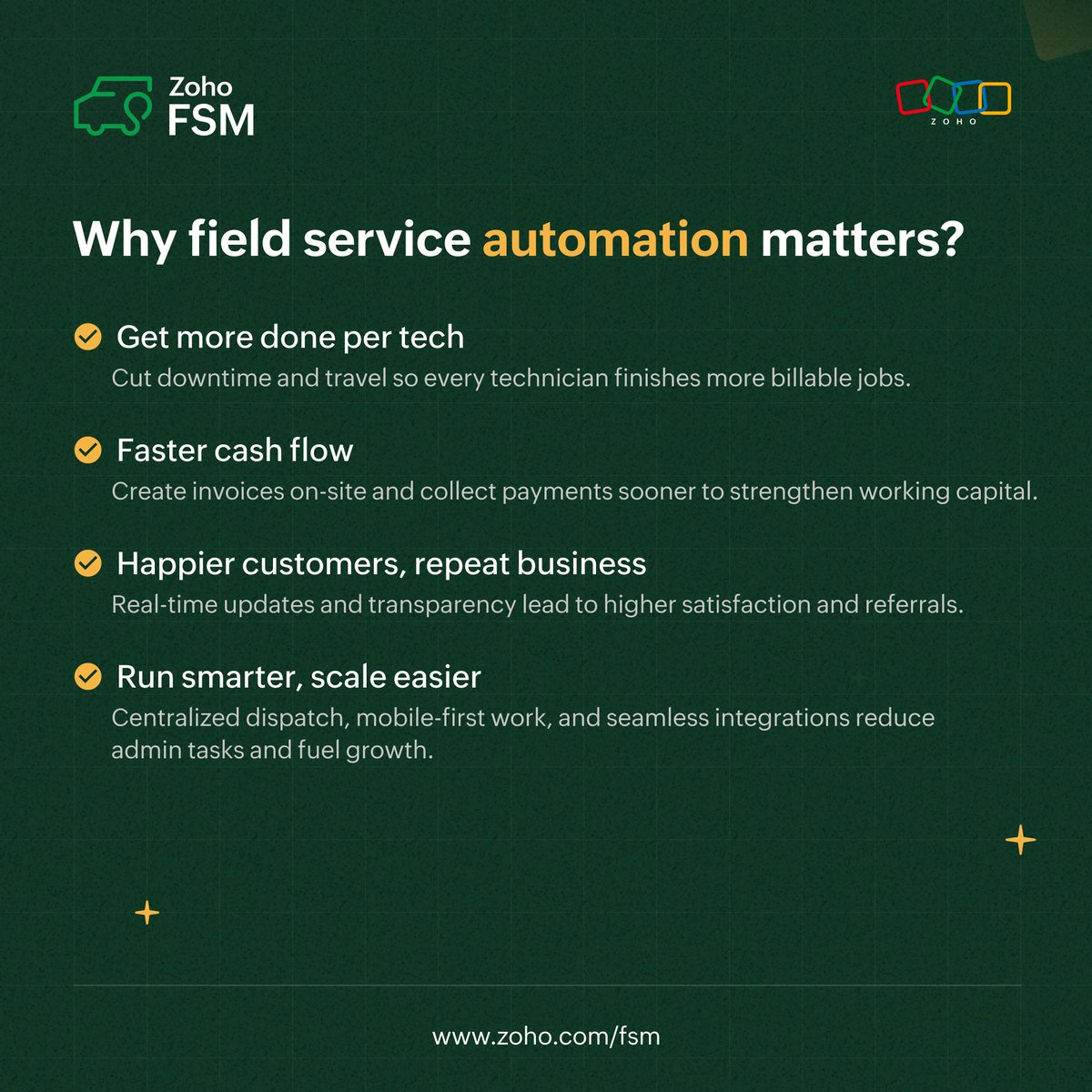Getting the most out of your field team doesn’t have to mean doing more with less. With field service automation, you can cut downtime, speed up payments, and give customers the kind of experience that keeps them coming back.
Read more: zurl.co/7mWo4
 
#ZohoFSM