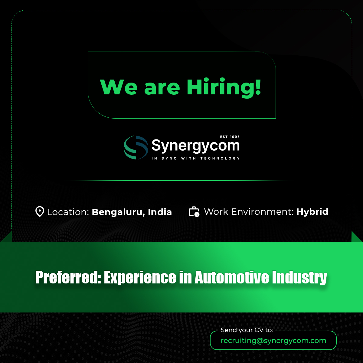 Synergycom is hiring in Bengaluru, India for full-time, hybrid roles such as Workday Functional Analyst, Application Administrator (.NET, IIS, Windows OS, SharePoint, MSSQL) – L1/L2 Support, SAP SD Analyst, SAP FICO Analyst  etc. Apply at recruiting@synergycom.com.