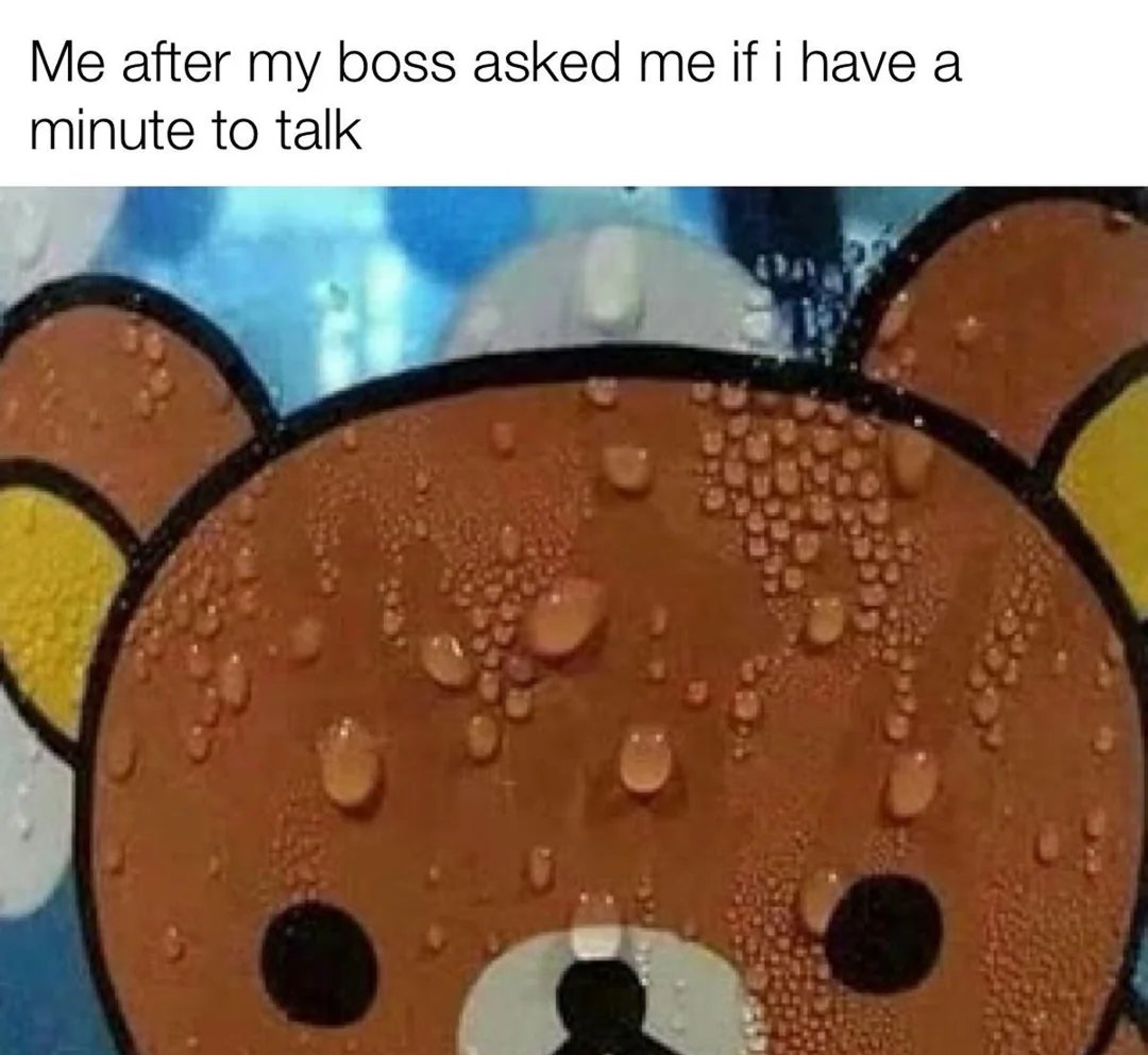 Meme of a sweating bear character with caption 'Me after my boss asked me if I have a minute to talk'