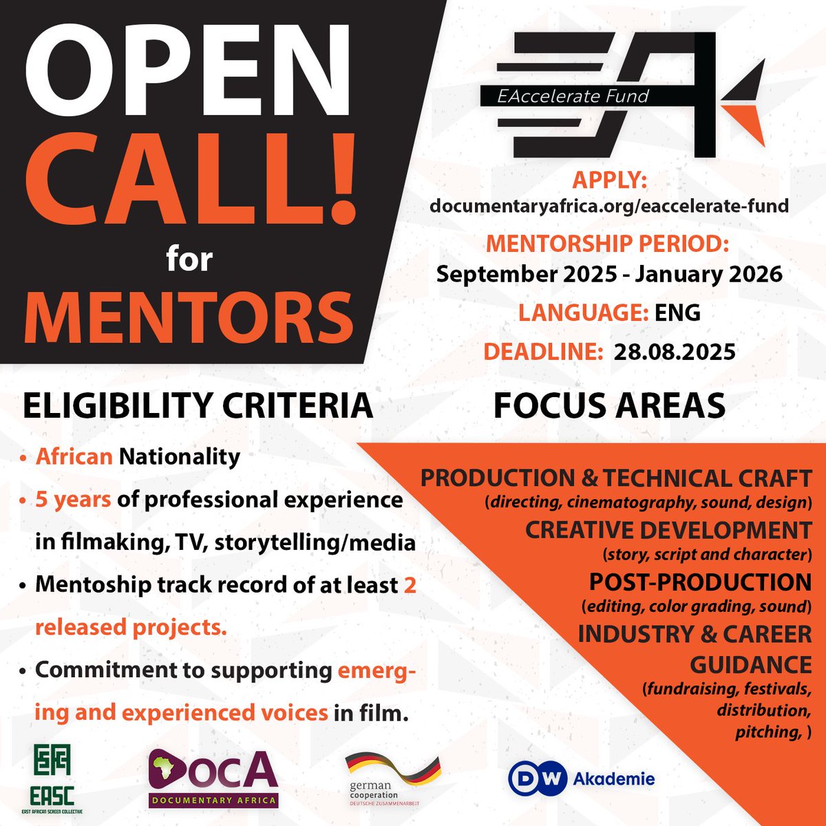 Do you have 5+ years in the film industry?

The EAccelerate Fund 2025 is calling for mentors to guide bold, original short films.
Be part of shaping the future of East African cinema.

📅 Deadline: Aug 28
👉🏽 Apply here: documentaryafrica.org/eaccelerate-fu…

#EAccelerateFund #DocumentaryAfrica