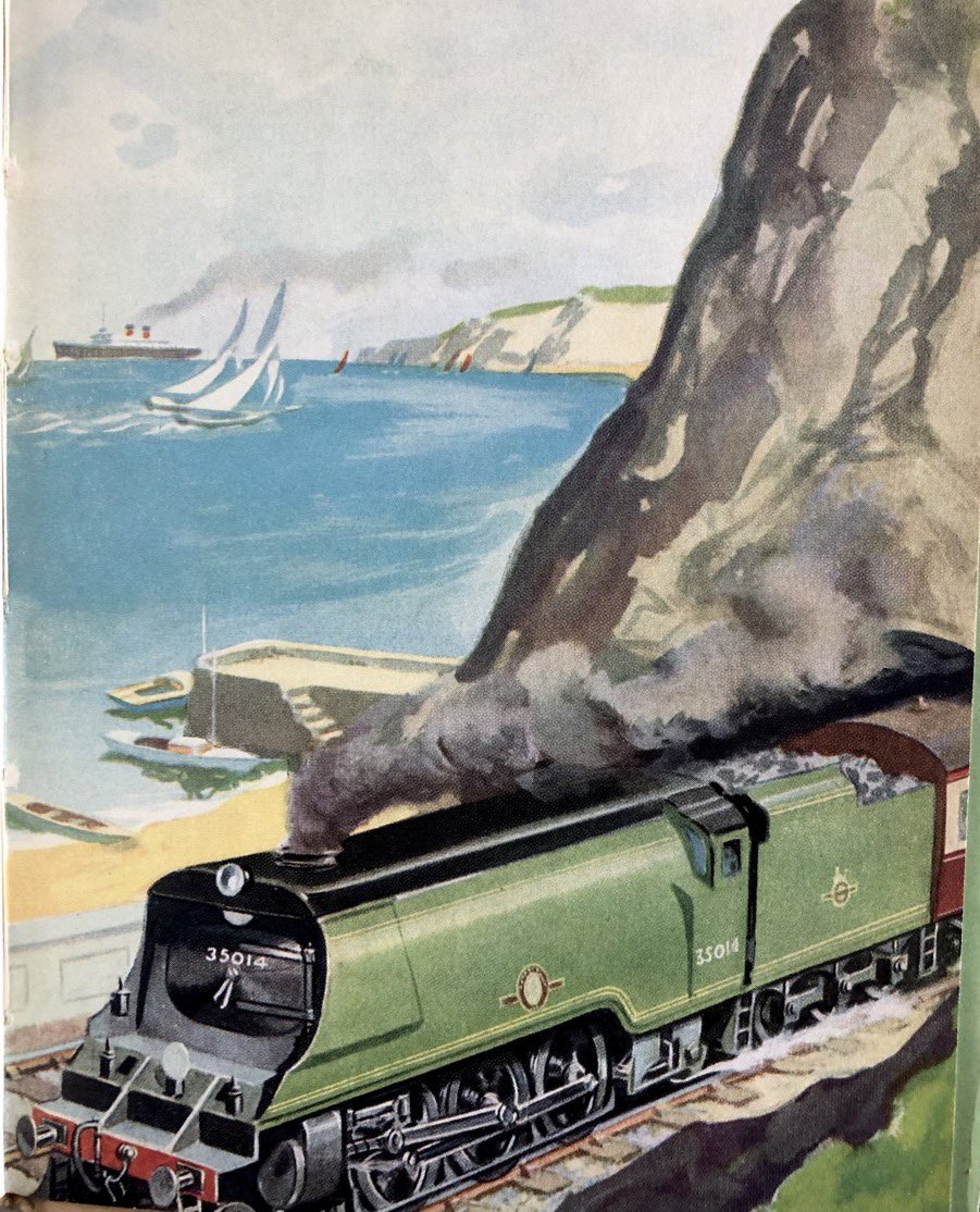 “Far out in the bay they can see the sails of little yachts. 
Beyond them is a liner sailing westwards, its smoke a dark blur in the sky”

In The Train, 1955
Artist: WC Watson