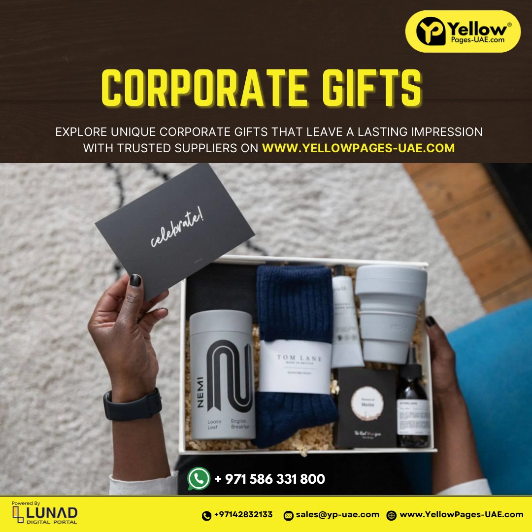 YellowPages_LMC's tweet image. Looking for perfect corporate gifts that stand out? 
Explore exclusive suppliers on Yellow Pages UAE and leave a lasting impression every time - yellowpages-uae.com/uae/corporate-…

.

#CorporateGifts #GiftingSolutions #BusinessGifts #UAEbusiness #LeadGeneration #YellowPagesUAE #UAE #Dubai
