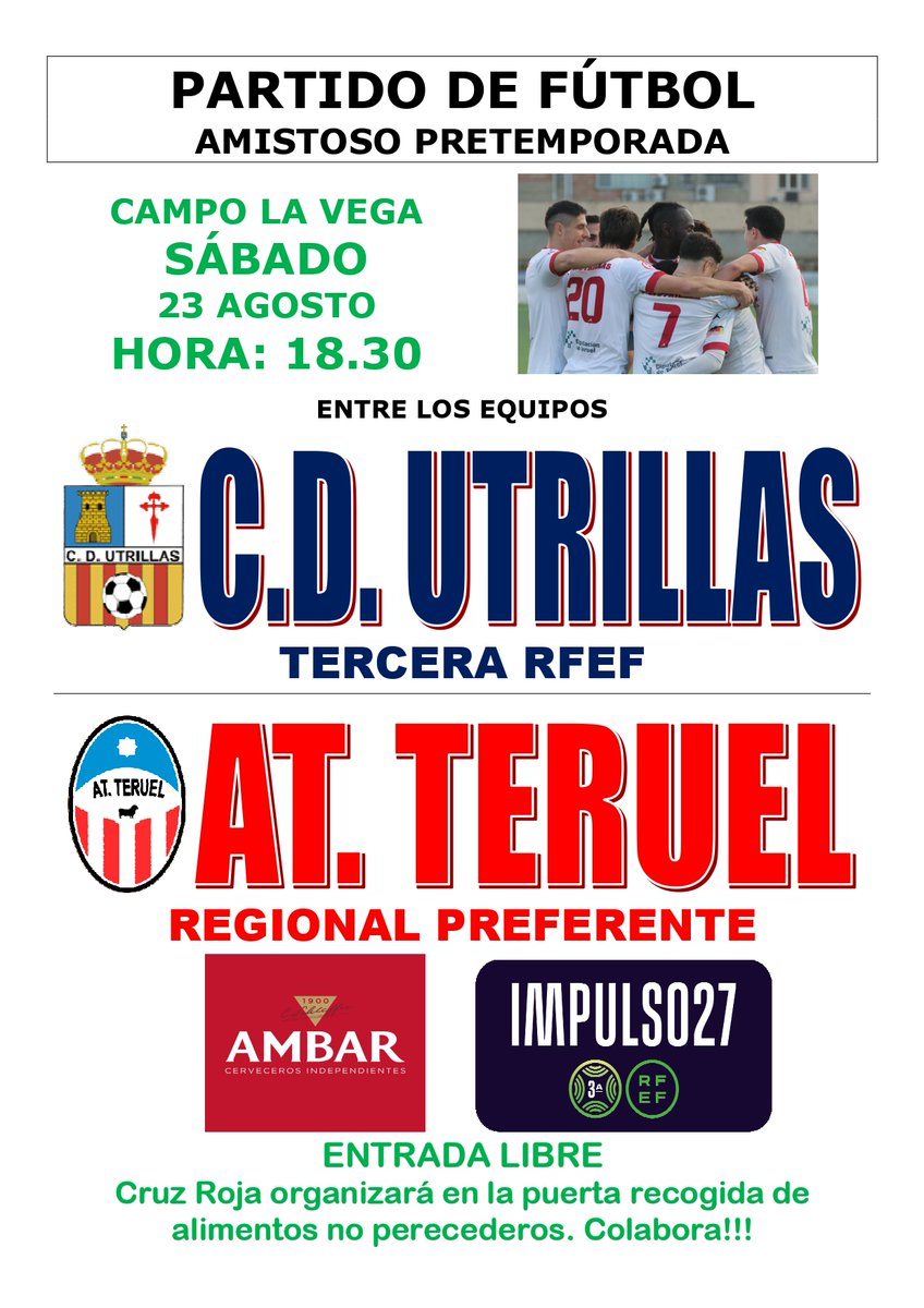 cdutrillas1958's tweet photo. PRETEMPORADA 📢

Próximo partido preparatorio @cdutrillas1958🆚 @AtleticoTeruel 

Será en La Vega y con entrada libre🆓

Cruz Roja realizará recogida de alimentos no perecederos. Colabora‼️‼️

#VamosUtrillas #TerceraRFEF https://t.co/mr9bLbAvoV