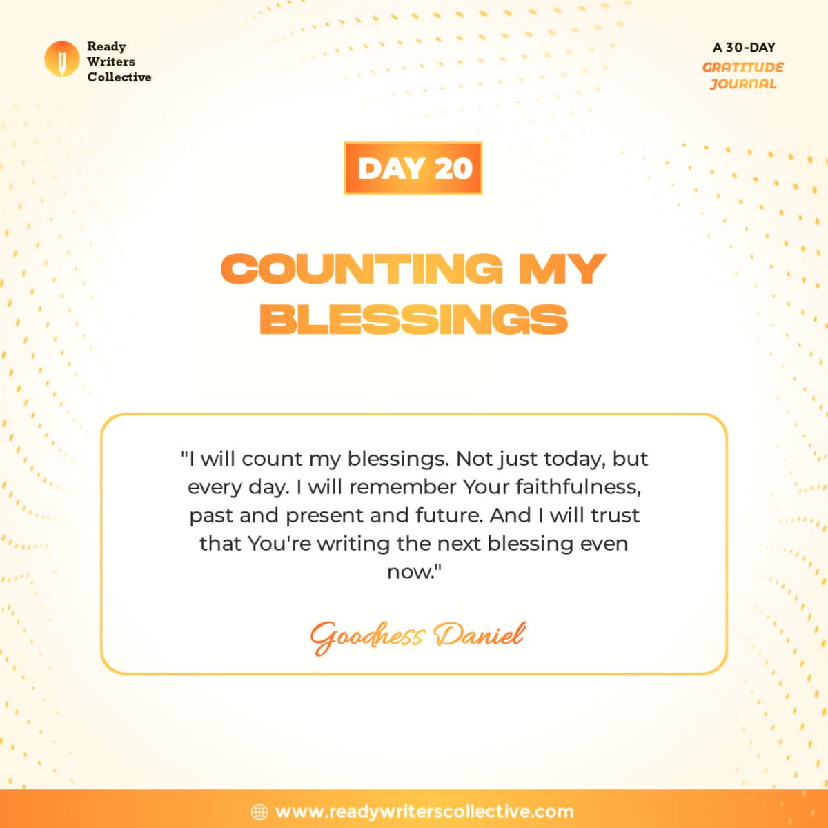 DAY 20
"Count your blessings
Name them one by one
And it will surprise you what the Lord has done"

That's all Goodness had to do to exchange a spirit of heaviness for a garment of praise. That may be all you need to do to move from frustration to soulful celebration.
LINK IN BIO