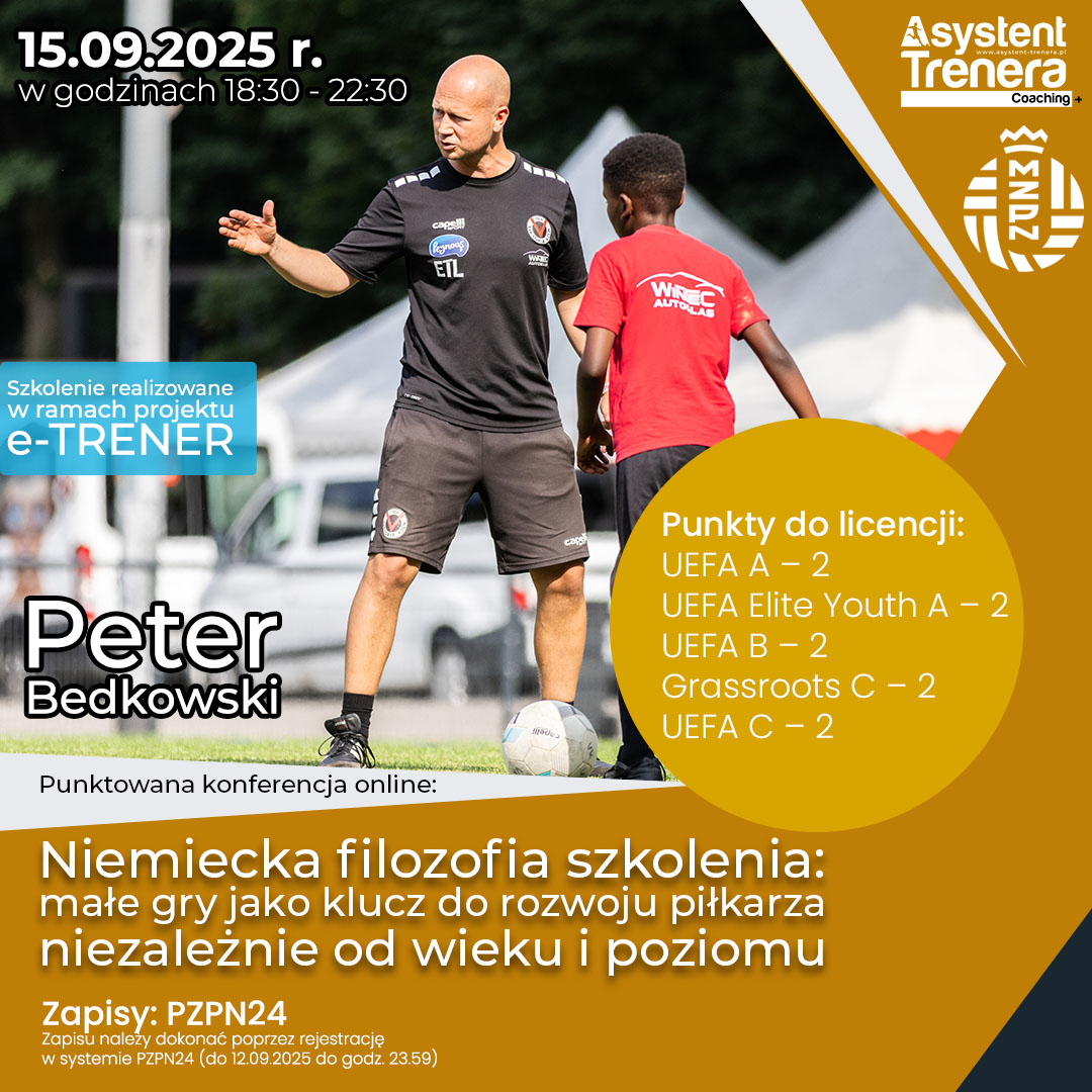 🚨 Ruszyły zapisy! 🚨
15.09 wyjątkowa konferencja online 🇩🇪⚽🇵🇱
 Peter Bedkowski (Viktoria Köln)
👉 Niemiecka filozofia szkolenia: małe gry jako klucz do rozwoju piłkarza

Więcej: asystent-trenera.pl/kursy-i-szkole…

🤝 <a href="/malopolski_zpn/">Małopolski Związek Piłki Nożnej</a>