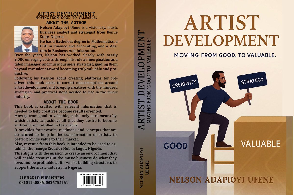 Adapioyi's tweet photo. When your music as art leaves the studio to being distributed, it turns into a product that is expected to satisfy a need of a receptive audience.

That is why you anticipate Useful External Validation (UEV) & ROI when it is consumed or used.

Creating the music requires creativity, making money from it requires strategy.

I capture this & more in this book:
Artist Development-Moving from Good to Valuable.

You can get Get the eBook (₦10,000): https://t.co/IPdlV9mt1g

Order the Hard Copy (₦15,800): https://t.co/cA23IMnJWL