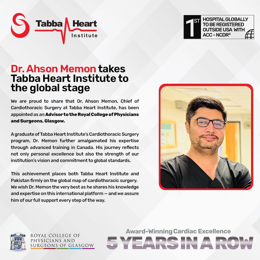 Tabba_Heart's tweet photo. Huge congratulations to Dr. Ahson Memon, Chief Cardiac Surgeon at Tabba Heart Institute, on being appointed Advisor to the Royal College of Physicians &amp; Surgeons, Glasgow.

This is Pakistan’s heartbeat reaching the world.

#TabbaHeartInstitute #GlobalExcellence #5YearsInARow https://t.co/Q7Wm9wgldb
