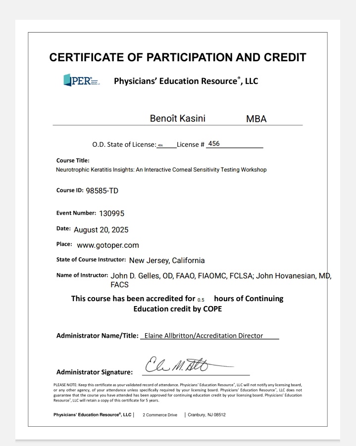 benoit_kasini's tweet image. Proud to have completed an accredited training on Neurotrophic Keratitis focused on corneal sensitivity testing. Another step forward in strengthening quality eye care! 👁📚 #Ophthalmology #ContinuousEducation #EyeHealth