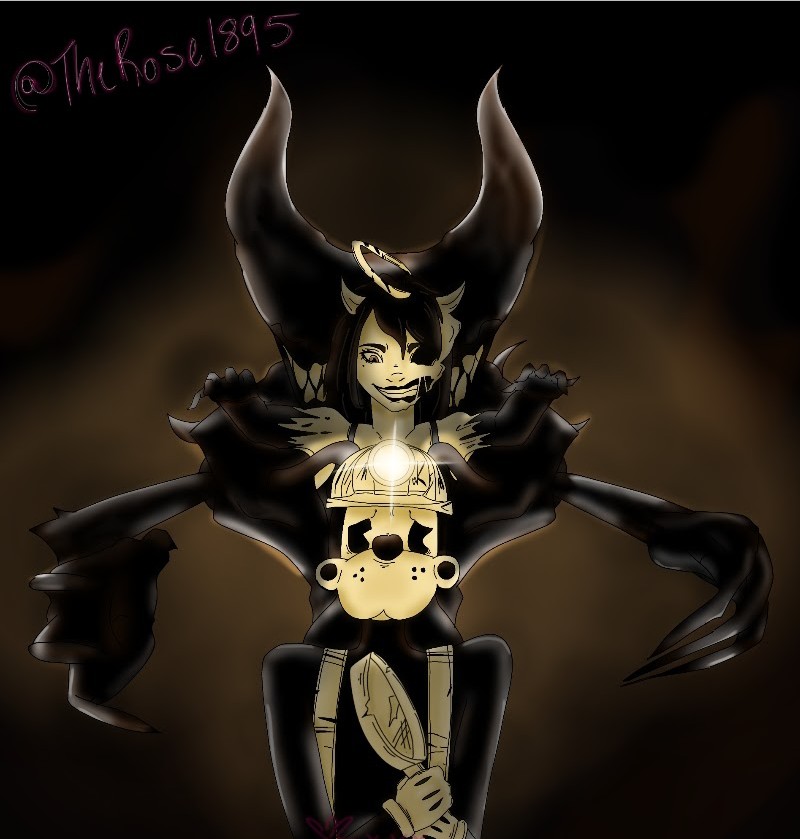 The_Rose1895's tweet photo. Had finished watching some gameplays of #BENDY #bendylonewolf and can't stop thinking about it. I loved the poster drop when this game first got announced, and after watching it and seeing Alice be a big part of it I had to draw this. I love these three💛🌹 https://t.co/KtF2YynHPD