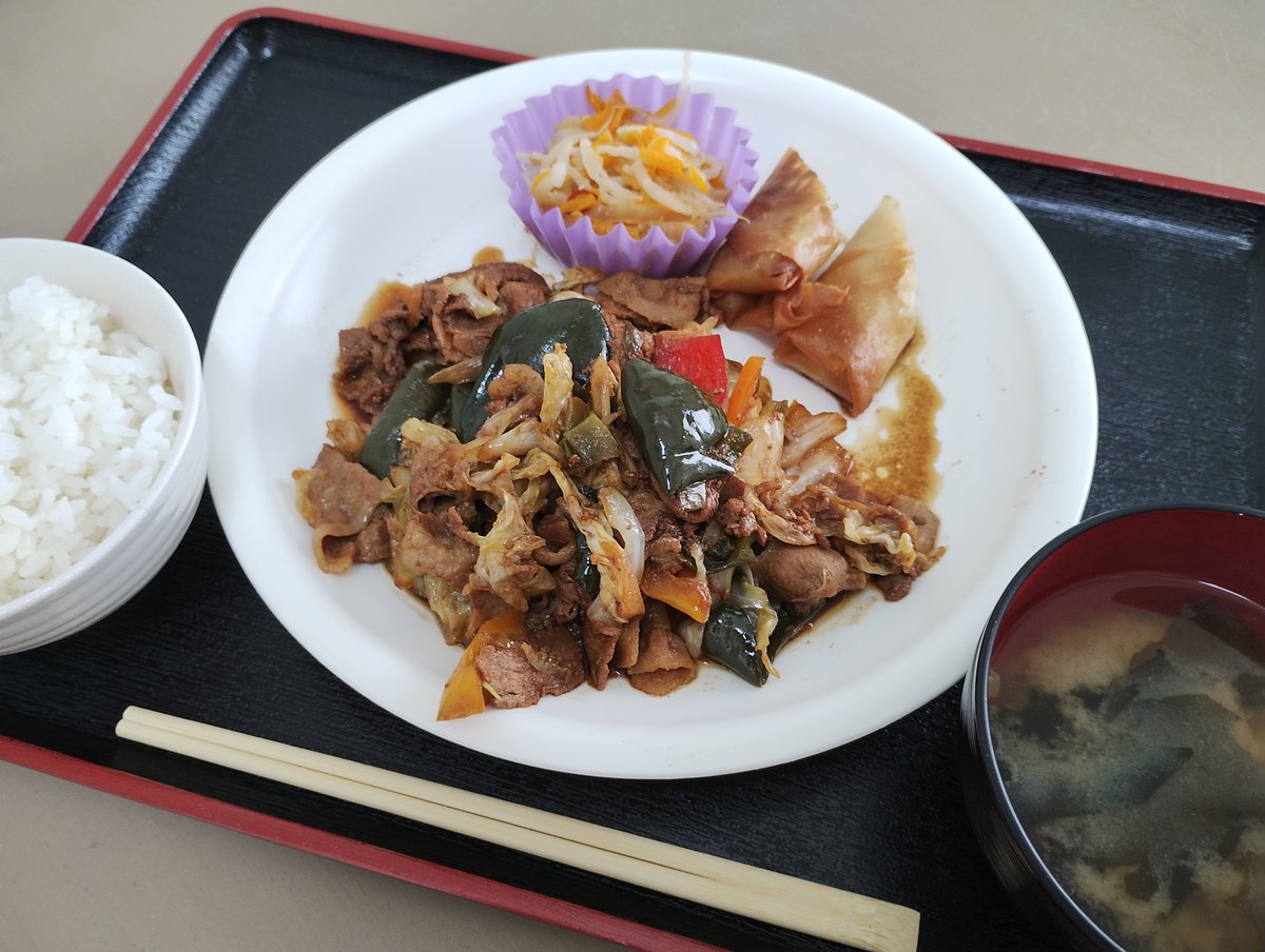 皆さん、こんんちは(●'◡'●)今日のランチは🪼ご飯🪼みそ汁🪼回鍋肉🪼中華クラゲ🪼春巻きでした❣️中華でまとまったメニューでとても美味しかったです😋お盆も過ぎてようやく気温もだんだん下がってくるみたいですが、湿度が高い日も多いので、皆さん、まだまだ熱中症には気を付けましょうね！！☔️🌴
