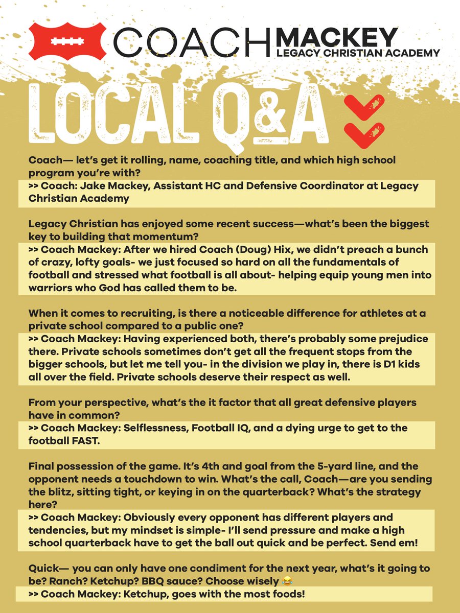 FriscoFB's tweet photo. 📍LOCAL Q&A
ft Coach Mackey (@CoachMackey25 )
Defensive Coordinator, Assistant Head Coach— Frisco Legacy Christian Academy @LCAFriscoFB
#FriscoFootball #LocalQA https://t.co/P56ADEIyEG