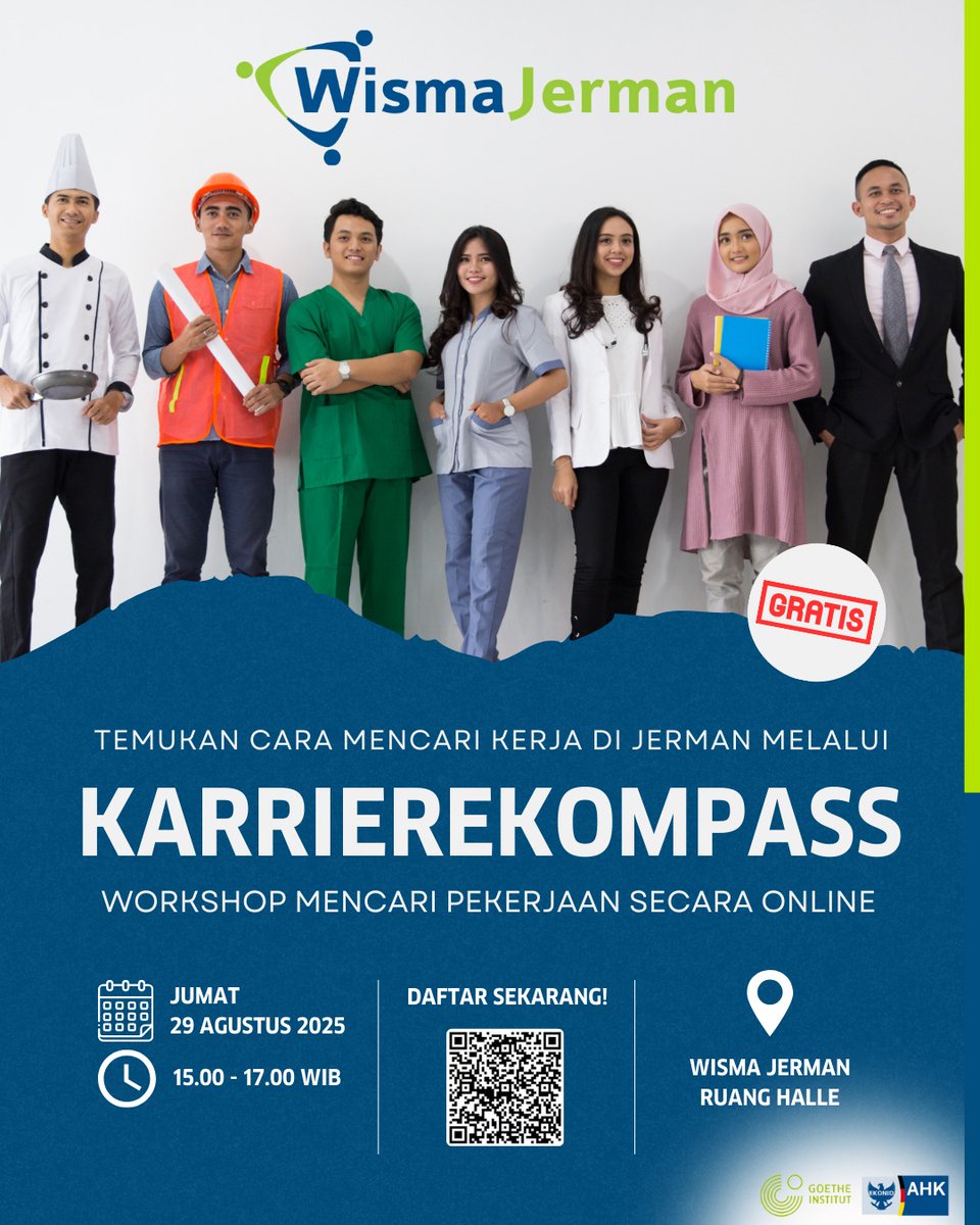 WismaJerman's tweet photo. Kalian lagi belajar bahasa Jerman, tapi masih bingung, apa yang mau kalian lakukan di sana? Atau mungkin kalian sudah punya gambaran pekerjaan impian, tapi masih butuh tips di mana bisa cari lowongan? 
Yuk ikuti workshop kami!

Pendaftaran bisa melalui QR-Code yang ada di poster. https://t.co/1Ed9SqB6UG