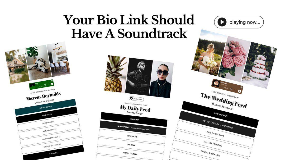 getsociatap's tweet photo. What if your bio link had a soundtrack?  
https://t.co/oLTAsczq21

Imagine: someone lands on your page and your carefully curated playlist sets the perfect mood while they explore your work. 

That's the difference between a link list and an experience. 

Try it free → link in bio"