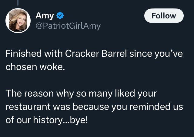 jakebrodes's tweet photo. “Our history” lmao it’s a fucking slop restaurant for after church hog meals. What history are you losing to Cracker Barrel. https://t.co/8gJa1yQQSR