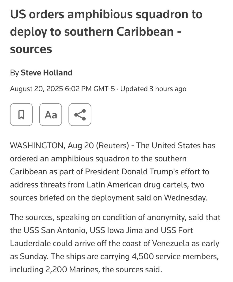 OrlvndoA's tweet photo. #URGENTE | Reuters:

Este domingo llegan a las costas venezolanas un escuadrón anfibio compuesto por los buques de asalto USS San Antonio, USS Iwo Jima, USS Fort Lauderdale. 

Los buques transportan 4.500 militares, incluidos 2.200 marines. https://t.co/4L44wlNZ8j