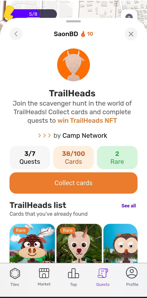 I have collected 38 <a href="/CampTrailHeads/">TrailHeads ⛺️</a> Cards, 2 of them are rare 😍. I am already hooked with this <a href="/arcoin_official/">ARCOIN Tiles</a> game and this #CampTrailheadsArcoinHunt campaign is really one of the best <a href="/campnetworkxyz/">Camp Network ⛺️</a> quest for me.

Be careful, as I am coming to conquer your land 😎