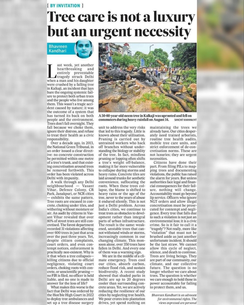 Warriormomsin's tweet photo. 350+ trees fell in Delhi this monsoon so far. 80% of street trees in some areas are concretised. NGT orders ignored. Tree care units/ambulances missing. Now, lives are lost.
This is not a natural disaster; it’s policy failure.
A thought provoking op-ed by @BhavreenMK💙 @htTweets
#UnchokeTrees #ProtectTrees #TreeHealth
https://t.co/i4IltWafr7
@moefcc @PrinSciAdvGoI @PMOIndia @CAQM_Official