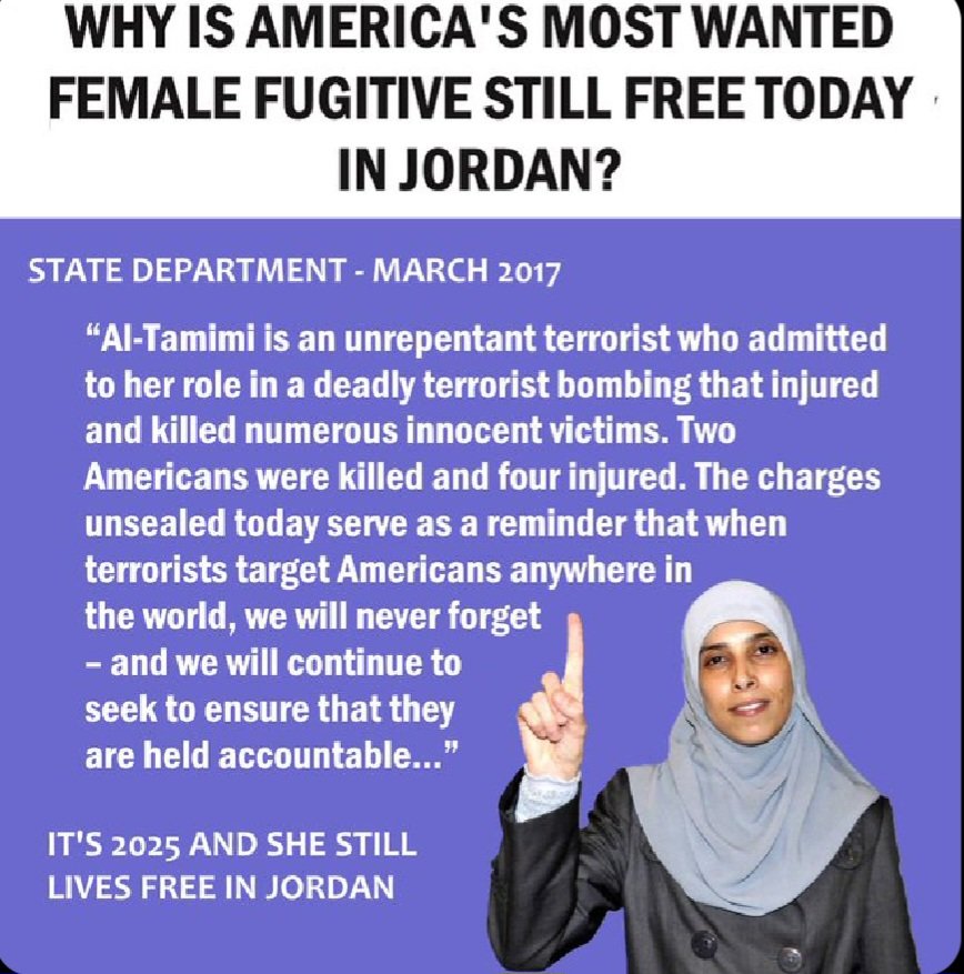 outerlillit's tweet photo. @POTUS @SecRubio @JDVance why are we giving Jordan aid when they are allowing an fbi most wanted fugitive to live openly in Jordan? The terrorist brags about killing Americans #MalkiRoth & encourages the Muslim world to kill Americans and Jews @LauraLoomer @AmyMek @charliekirk11 https://t.co/5yQC8YKYfP
