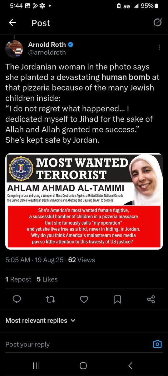 outerlillit's tweet photo. @POTUS @SecRubio @JDVance why are we giving Jordan aid when they are allowing an fbi most wanted fugitive to live openly in Jordan? The terrorist brags about killing Americans #MalkiRoth & encourages the Muslim world to kill Americans and Jews @LauraLoomer @AmyMek @charliekirk11 https://t.co/5yQC8YKYfP