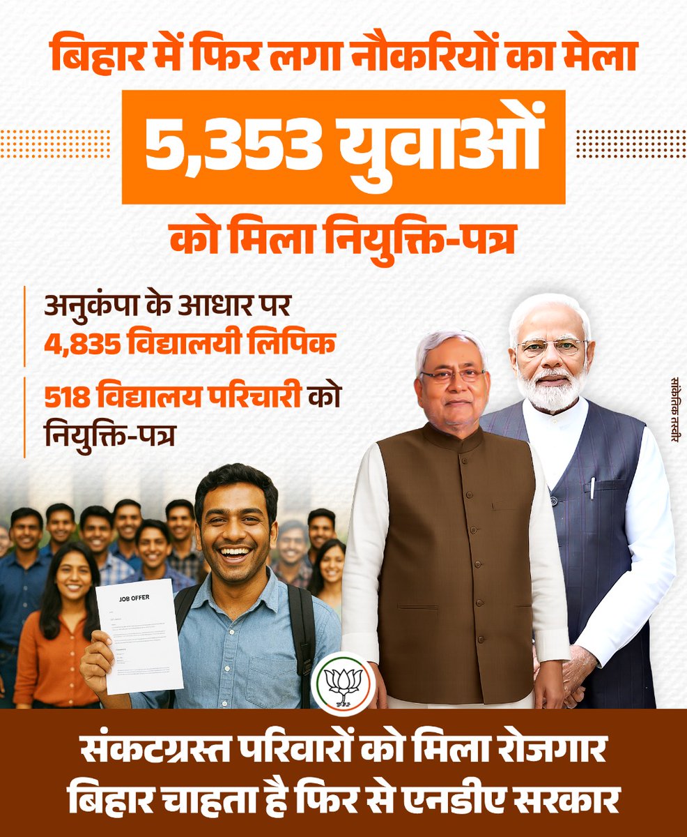 5,353 युवाओं को रोजगार— बिहार में NDA का काम बोल रहा है।

#रफ्तार_पकड़_चुका_बिहार