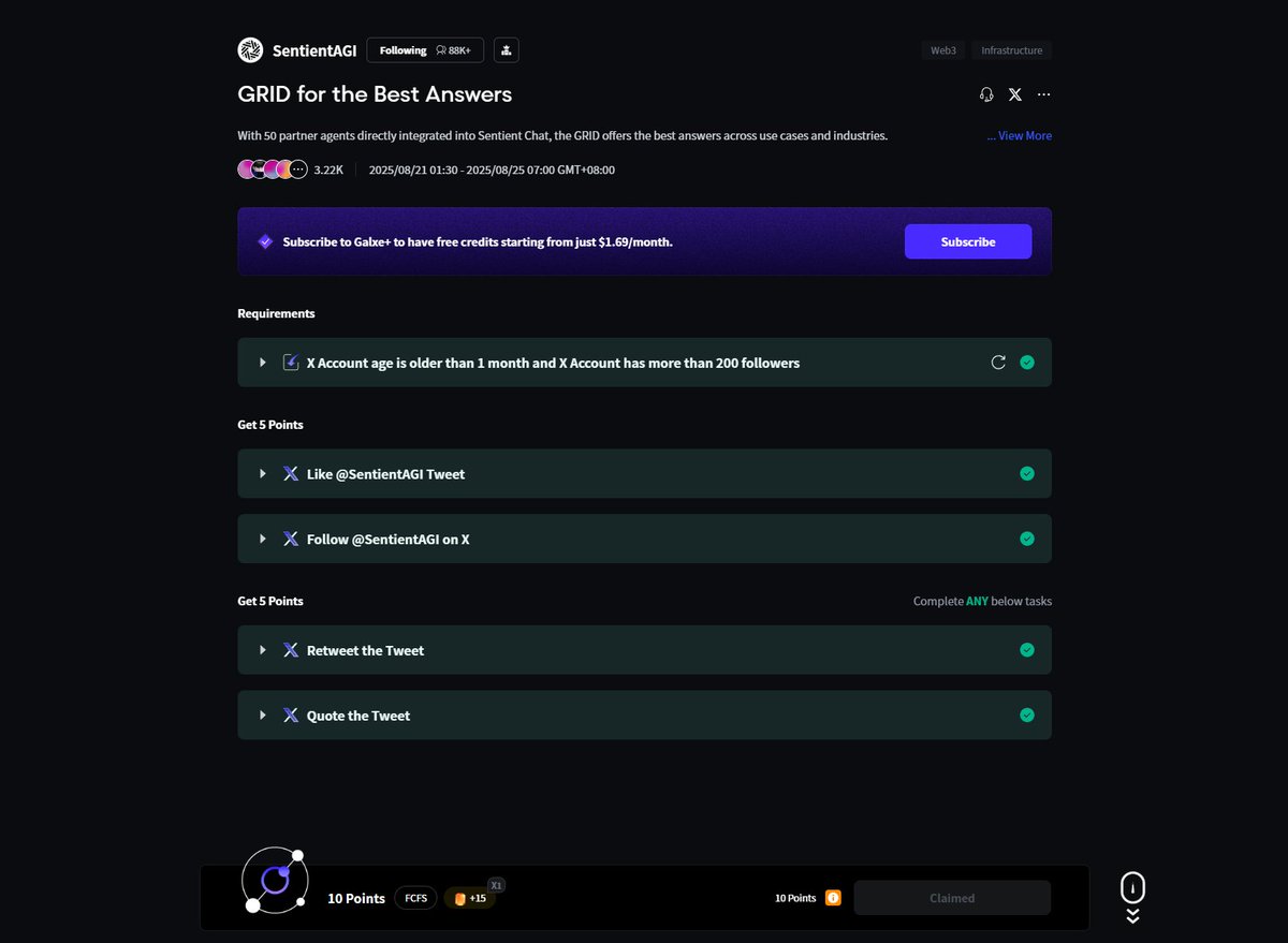 融资8500w的<a href="/SentientAGI/">Sentient</a>又出新银河了

门槛又变高了 
上次需要100粉 这次200 下次500？？

🔗app.galxe.com/quest/5pH5qUCo…