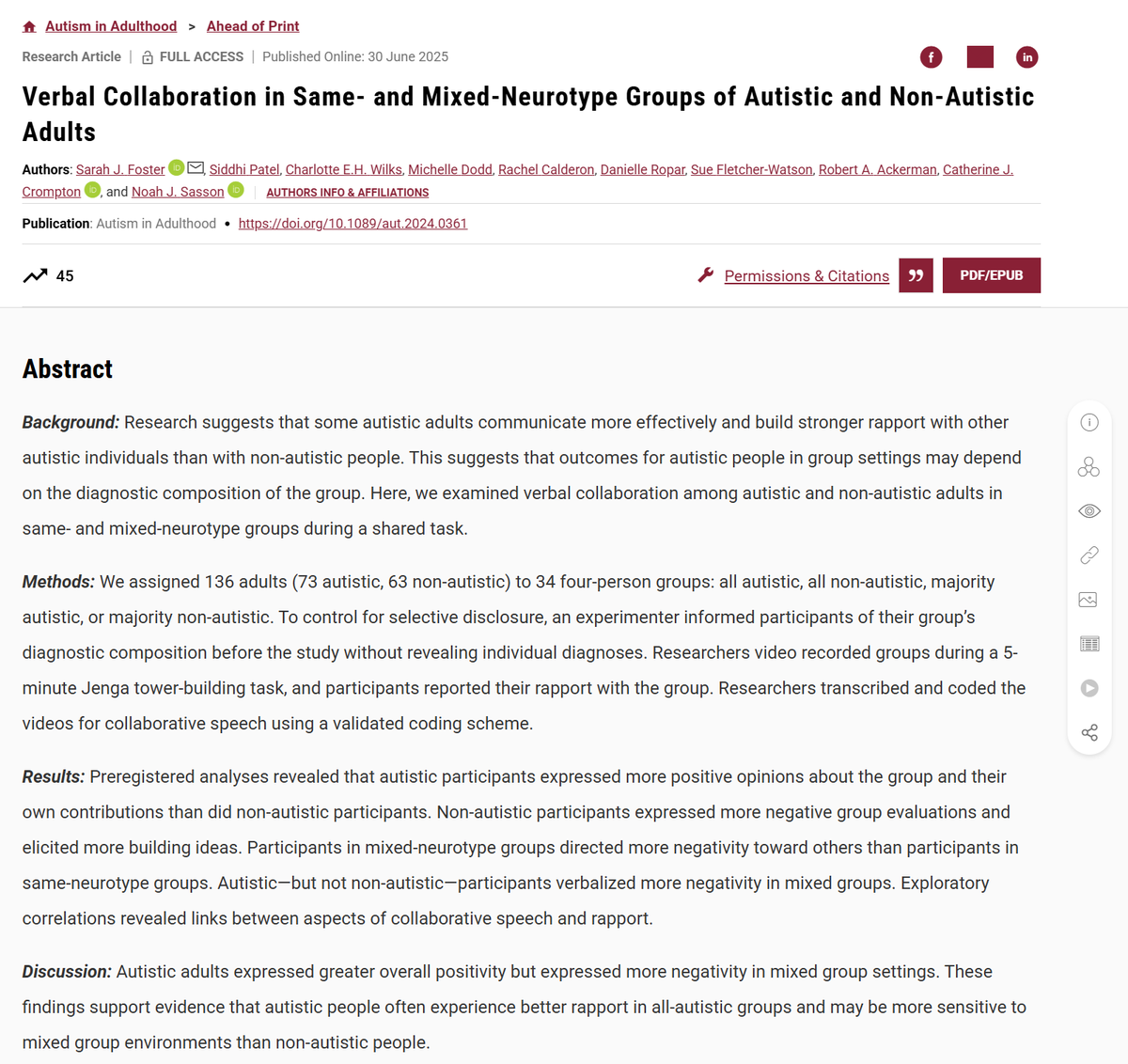 Verbal Collaboration in Same- and Mixed-Neurotype Groups of Autistic and Non-Autistic Adults by <a href="/sarah_foster912/">Sarah</a> et al. examined verbal collaboration during a group tower-building task among autistic and non-autistic adults (1/)   

NEW FREE to Aug 28

liebertpub.com/doi/10.1089/au…