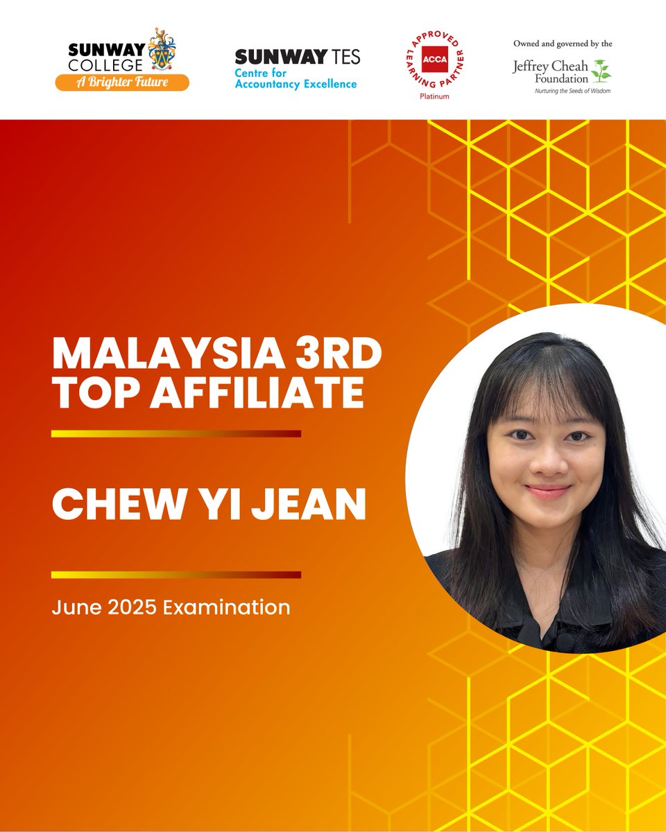 Congratulations to Chew Yi Jean for being named Malaysia’s 3rd Top ACCA Affiliate in the June 2025 examination!

Chew Yi Jean describes the #ACCA journey as a challenging yet rewarding experience. 

#SunwayTESCAE #ACCAAffiliate