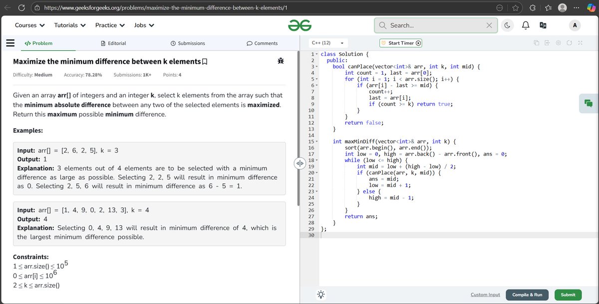 coding_yash's tweet image. Day 149               
Today’s Problem: Maximize the minimum difference between k elements
 #geeksforgeeks #DSA #CodeEveryday #KeepCoding #GFG2025 #geekstreak2025 #gfg160challenge #gfg160
@geeksforgeeks