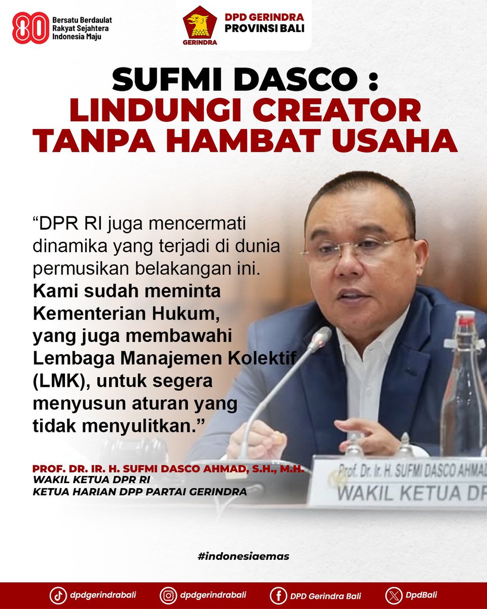 DpdBali's tweet photo. Wakil Ketua DPR RI @sufmi_dasco meminta Kemenkum menyusun aturan royalti lagu yang adil dan tidak membebani pelaku usaha. Beliau menekankan perlunya regulasi transparan yang melindungi hak pencipta lagu sekaligus mempertimbangkan keberatan pelaku usaha seperti kafe dan restoran. https://t.co/TSPIGXrEyR