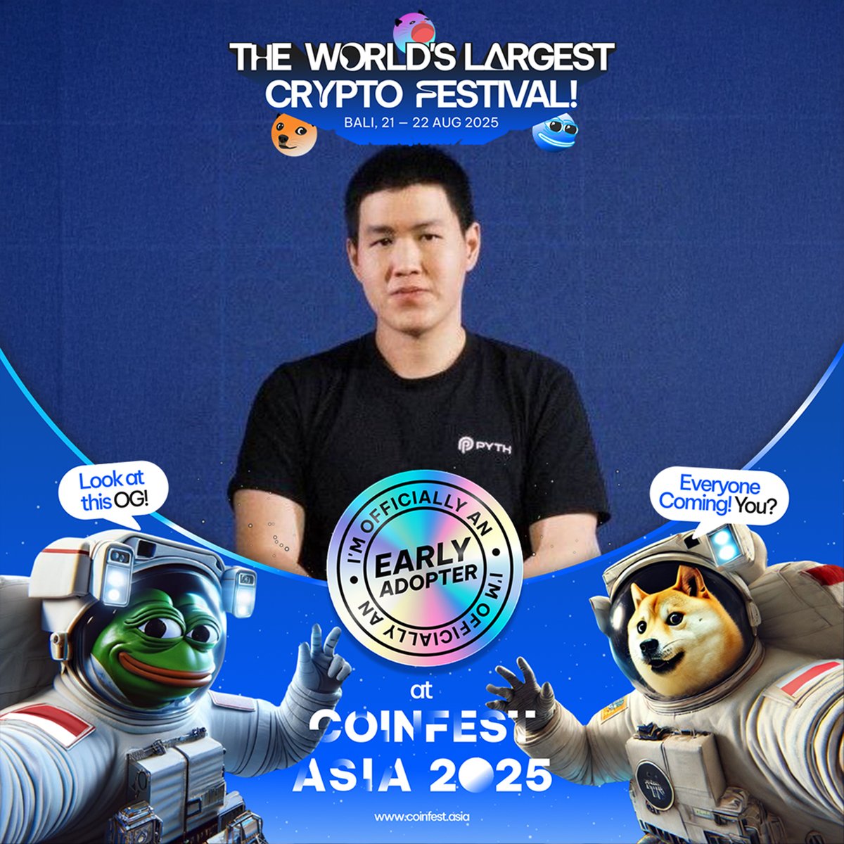 Promotional image for Coinfest Asia 2025 featuring Pyth Network and meme characters like Pepe and Doge in astronaut suits