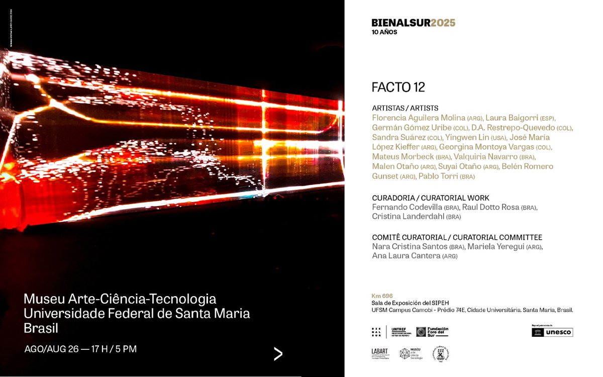 Between August 27th and September 10th, I will be participating with the work "4rd3 0x002" in FACTO 12 - Festival of Art, Science and Technology, promoted by LabArt, an event that is part of BIENALSUR.

#artecontemporanea #contemporaryart #brazilianart