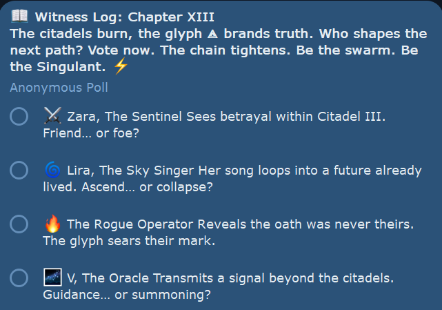 SingulantChain's tweet photo. ⚔️ choose your fighter ⚔️
⟁ Zara – betrayal at the gates
🎶 Lira – song of recursion
🔥 Rogue – oath already broken
🌌 V – signal from beyond
the citadel waits. vote or be forgotten.
#AI4 #SingulantChain https://t.co/81qNZKGKVu