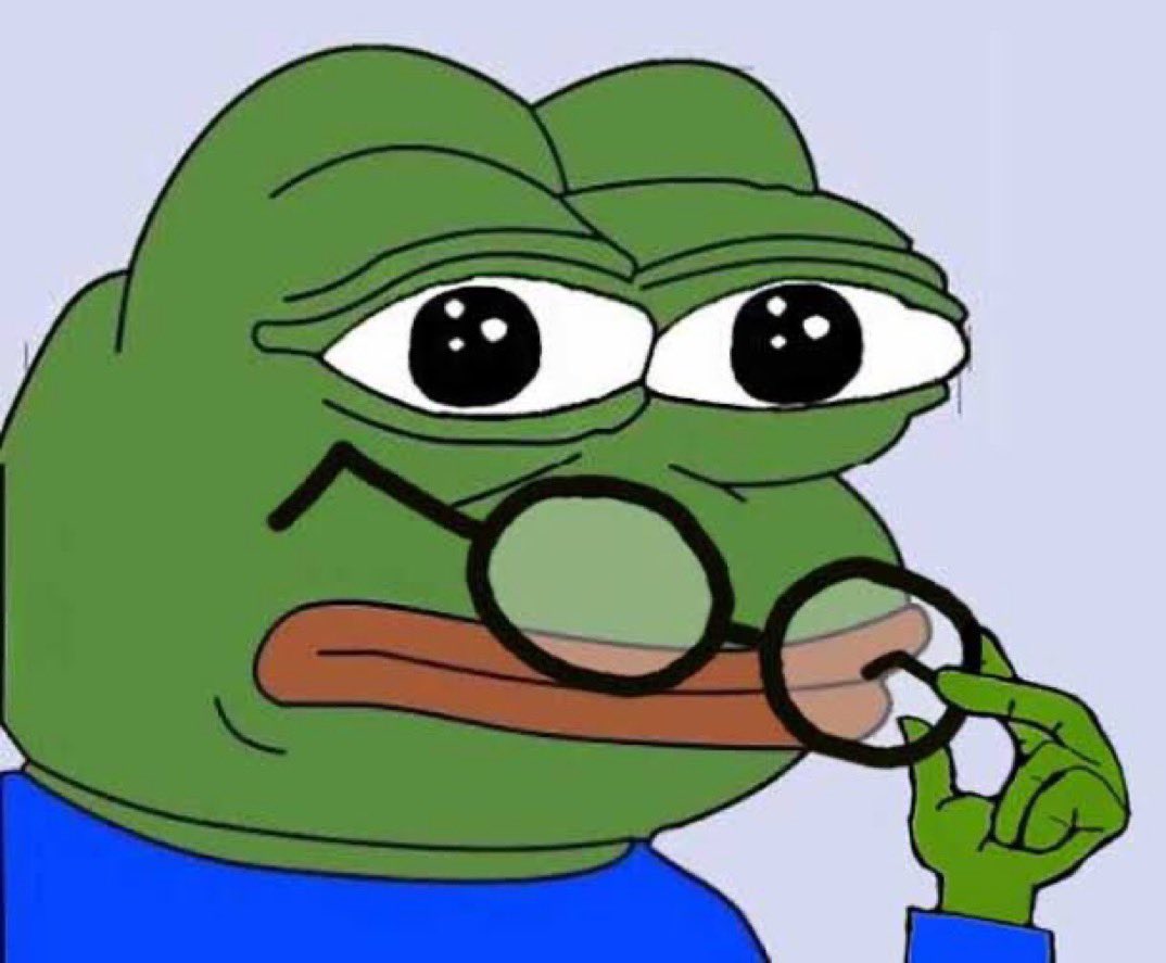 안경을 쓴 Pepe the Frog가 자세히 들여다보고 있음