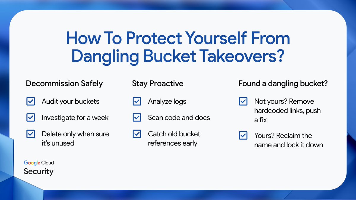 Google Cloud Security (@googlecloudsec) on Twitter photo Hackers are hijacking dangling buckets – old forgotten cloud storage left open after deleting the file.
Here are some tips to help you keep your business safe.
Read our blog post to learn how to prevent this: bit.ly/4fLwsBR Hackers are hijacking dangling buckets – old forgotten cloud storage left open after deleting the file.
Here are some tips to help you keep your business safe.
Read our blog post to learn how to prevent this: bit.ly/4fLwsBR