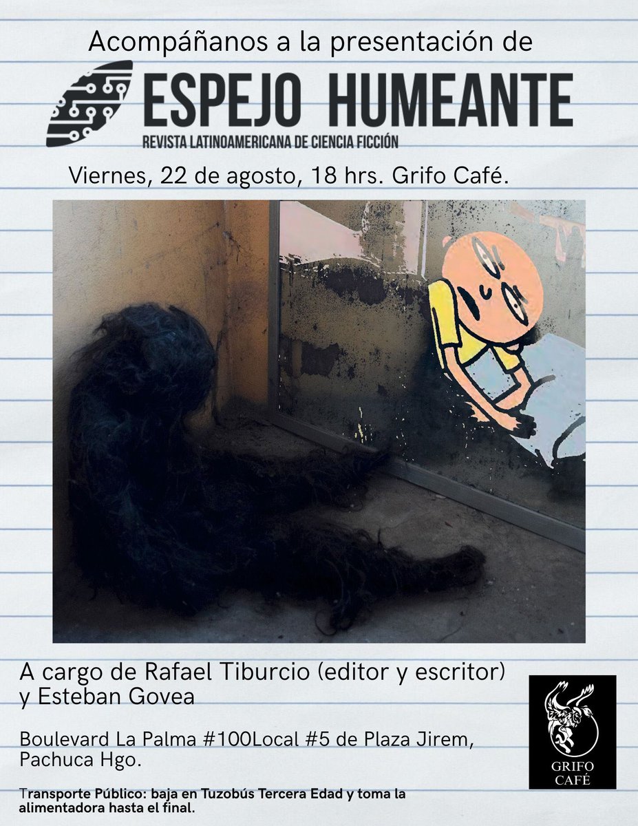 EspejoHumeanteR's tweet photo. Amigvs de Pachuca.
Este viernes, 22 de agosto, a las 6pm, el el escritor Esteban Govea y @juancorvus presentarán el #17 #otredad #alteridad en Grifo Café.

Ubicación: Café Grifo. Plaza Jirem. CP 42083, Lomas de la Plata.
https://t.co/VCtJDGScds

Dispersen la palabra. https://t.co/9Wd3GFpRUP