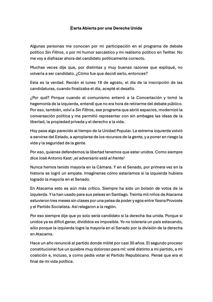CalderonBassi's tweet photo. Carta abierta por la Unidad de la Derecha para levantar a Chile. https://t.co/JTkdlBdNTl