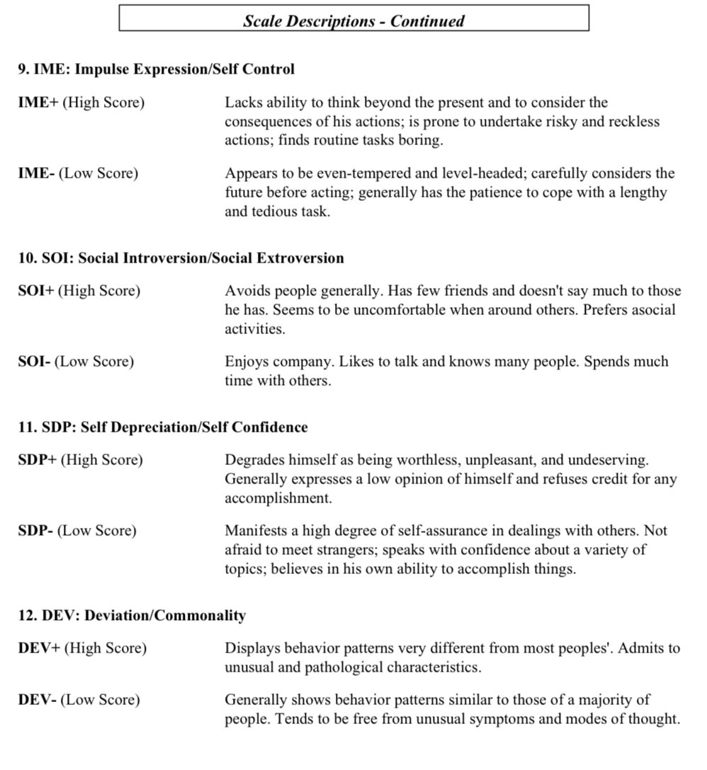 basic personality inventory / bpi 🫧📁

— self-report inventory
— 12 scales (see photos attached)
— higher scores = more psychopathological tendencies

#rpmtwt