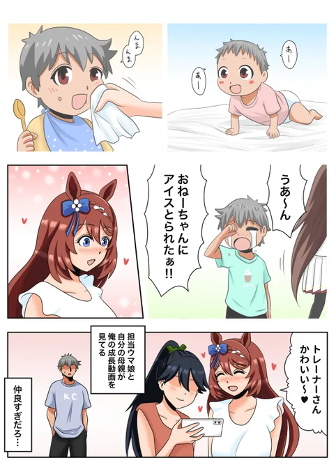 トレーナーの実家でトレーナーの成長動画を見るスーパークリーク
#ウマ娘 