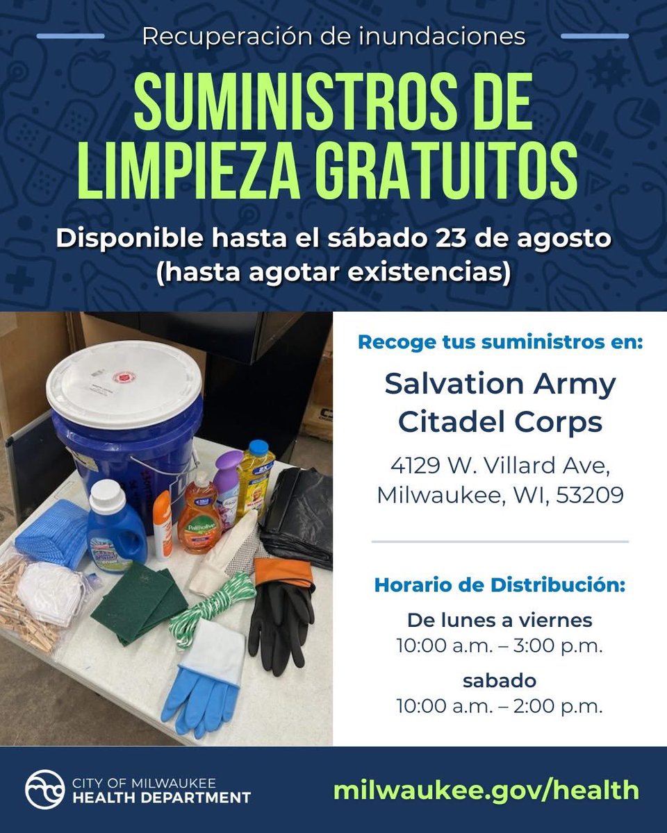 MilwaukeeEMHS's tweet photo. #ICYMI ➡️ Flood recovery starts with safe cleanup. Thanks to a generous donation from UMCOR, free cleaning kits are available this week at The Salvation Army Citadel Corps (4129 W. Villard Ave).
More: https://t.co/EdQk3oDg7i
#Milwaukee #PublicHealth #FloodSafety #FloodCleanUp https://t.co/1u6GrCOfgu