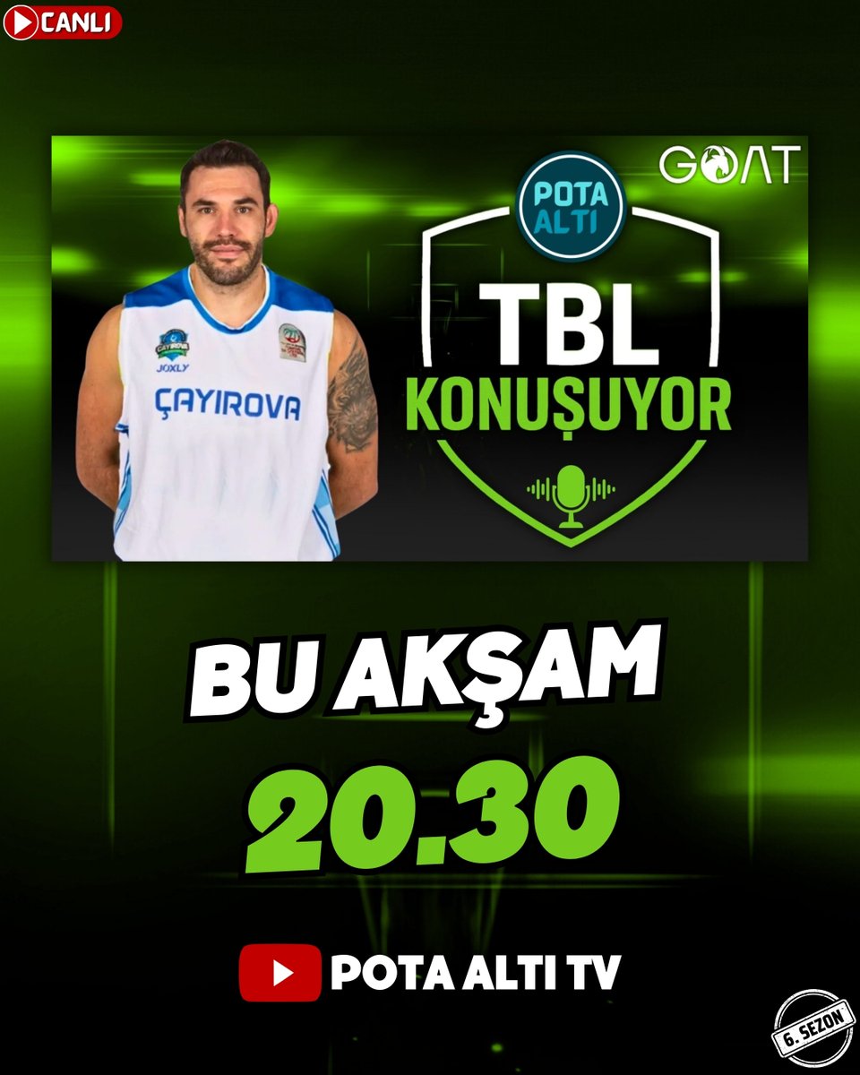 PotaAltiTV's tweet photo. 🐐 TBL Konuşuyor'un yeni bölümünde konuğumuz; TBL'nin belki de gelmiş geçmiş en iyi oyuncusu, şampiyonluğun anahtarı, namıdiğer "GOAT", Hakan Yapar.

Geçen sezon MKE Ankaragücü'nü play-off finaline taşıyan Yapar, bu sezon Çayırova Belediyesi'ni şampiyonluğa ulaştırmak için mücadele edecek.

🗓️ Bu Akşam (21 Ağustos Perşembe)
⏰ 20.30
📺 YouTube - Pota Altı TV

https://t.co/AcPNAX7IpG

🗨️ Canlı yayında sorularınızı ve yorumlarınızı bekliyoruz 🫵