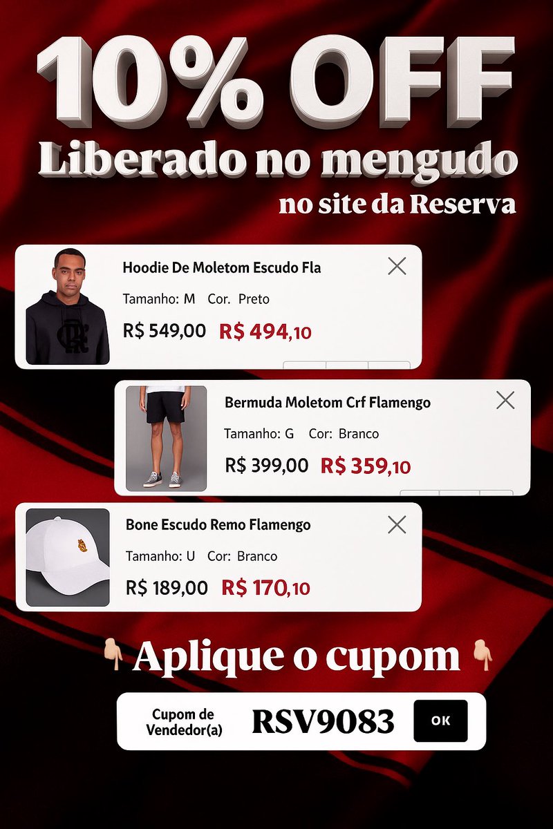 guga_da_reserva's tweet photo. ✅10% OFF LIBERADO PRA COLEÇÃO FLA E RESERVA 

MENGAO SE CLASSIFICA E VOCE QUE GANHA DESCONTO‼️

Aplique o cupom👇🏻
Cupom de vendedor➡️ RSV9083 

🔗: https://t.co/R8f79tkFwX

#flamengoatémorrer #usereserva #cupomdevendedorreserva #flamengo1895 #flamengo #love #instagood #fashion https://t.co/g4SwStoMdf