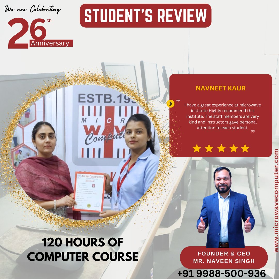 mwc_98's tweet image. 🎊Congratulations, Navneet Kaur!
 💡From hard work to achievement — 120 hours of learning complete.
 🌟This is just the beginning of your bright digital future!

#learncomputerskills #beginnerfriendly #120hourscompleted #success #microwavecomputer #khanna