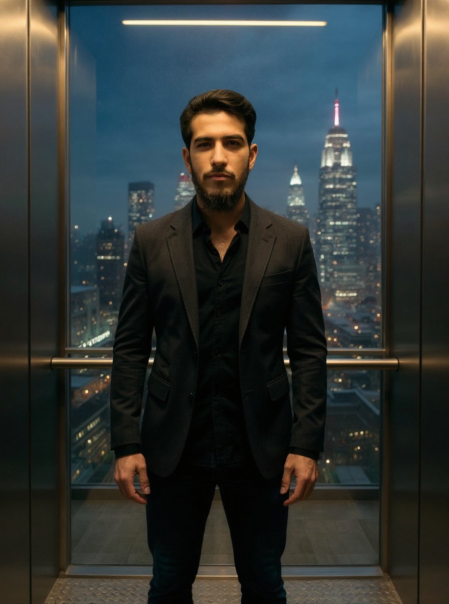 Promptopia4's tweet image. Stylish young man inside a glass elevator going up a skyscraper, reflection of city lights around, wearing a tailored jacket, sharp urban mood, cinematic 4K detail, no face change.
#bb27 #هدير_عبدالرزاق #SkyNani #NamtanFilm #الاهلي_القادسيه