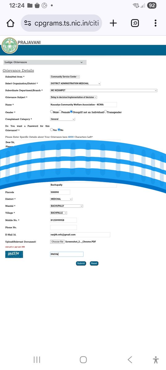 jeeth1981's tweet photo. @Collector_MDL  @TelanganaCMO
Sir, PrajaVani website has not been functioning since yesterday. After completing the grievance submission form N clicking on 'Submit,' the website redirects to the navigation page without generating a registration number.
Plz look into this issue. https://t.co/sI1hn61zyA