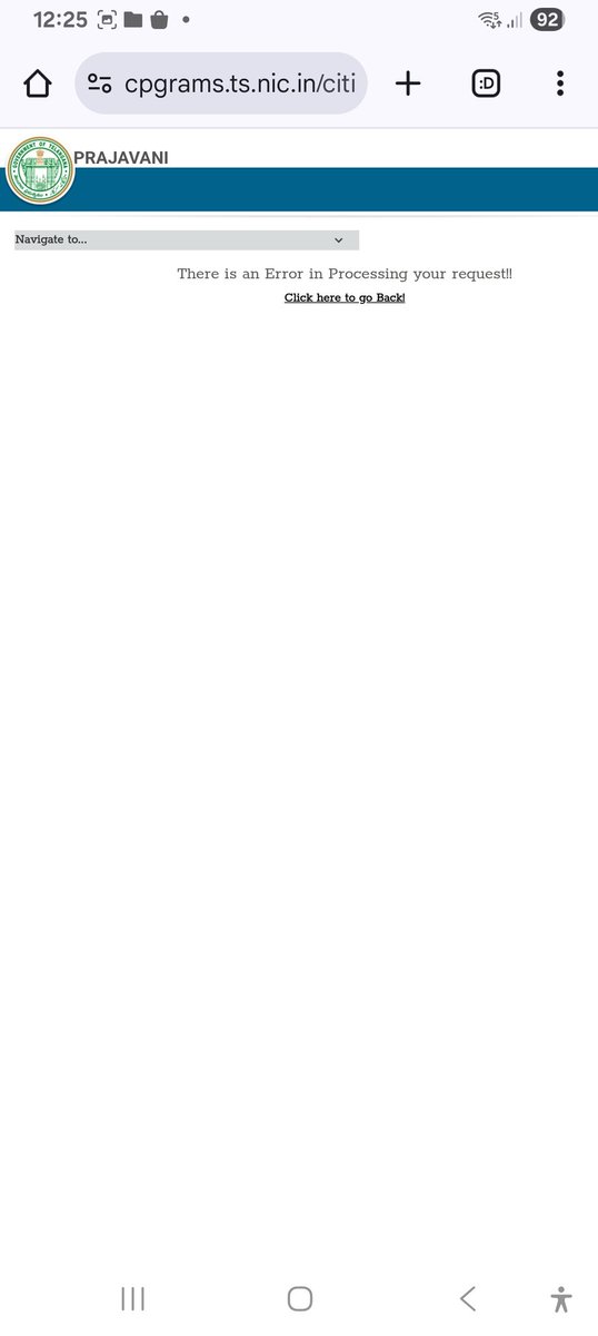 <a href="/Collector_MDL/">Collector Medchal Malkajgiri</a>  <a href="/TelanganaCMO/">Telangana CMO</a>
Sir, PrajaVani website has not been functioning since yesterday. After completing the grievance submission form N clicking on 'Submit,' the website redirects to the navigation page without generating a registration number.
Plz look into this issue.