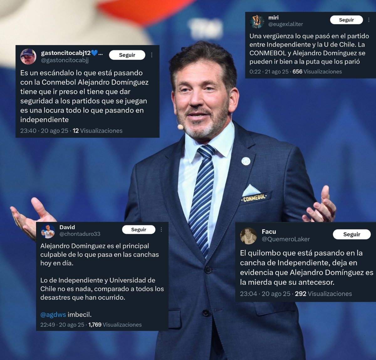 GuachireM's tweet photo. Señalan como responsable a Alejandro Domínguez por los graves incidentes entre hinchas de Independiente y la U de Chile. La Conmebol no garantizó seguridad ni prevención: hubo todo tipo de violencias, fallecidos y hechos lamentables. https://t.co/CjDCNKlwyw