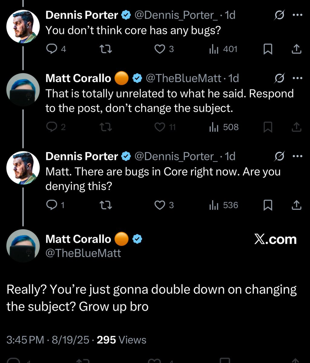 Dennis_Porter_'s tweet image. Blocked by a Core dev after asking if Core has bugs. Was this worth getting blocked over?