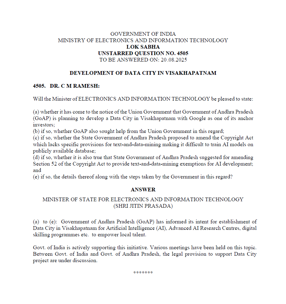 AP_CRDANews's tweet photo. 📢Central Govt is supporting Data City in #Visakhapatnam
🔹Govt of #AndhraPradesh proposed amendment to "Copyright Act" for this Data City & Google Data Center for which discussions are ongoing with Central Govt.
#InvestInAP #GoogleCloud #Google #Vizag #DataCity #DataCenters https://t.co/QZeIwvENRB